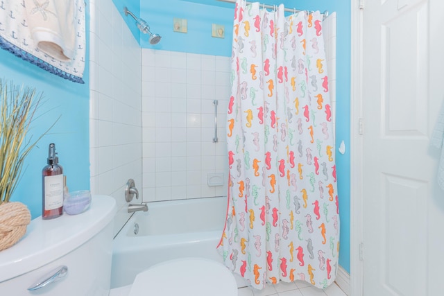 bathroom with tile patterned floors, shower / bathtub combination with curtain, and toilet