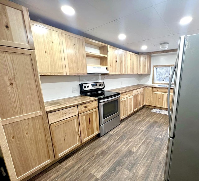 kitchen featuring sink, dark hardwood / wood-style flooring, ventilation hood, light brown cabinetry, and appliances with stainless steel finishes