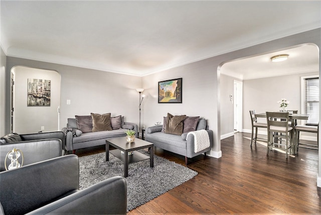 living room with dark hardwood / wood-style floors