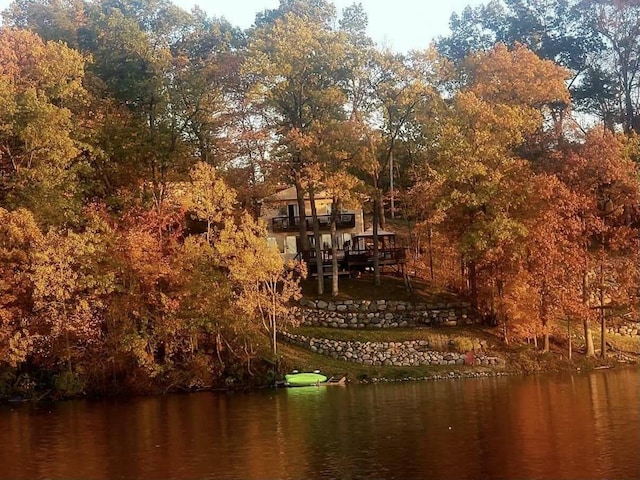 property view of water featuring a forest view