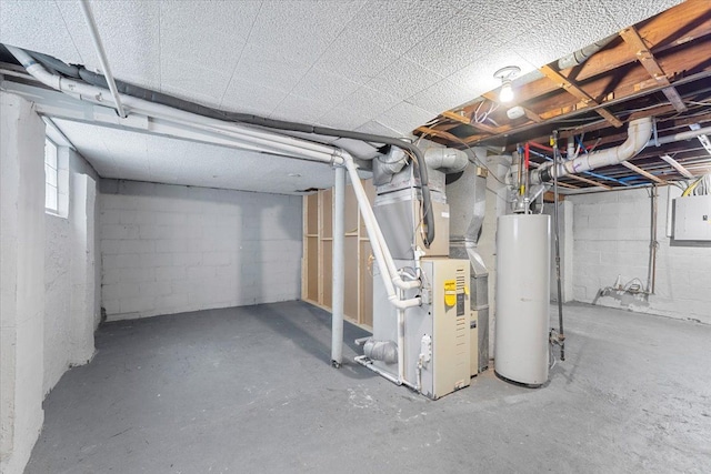 basement featuring heating unit, electric panel, and water heater