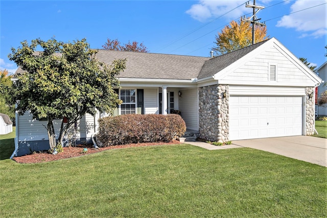 ranch-style home featuring a garage and a front yard