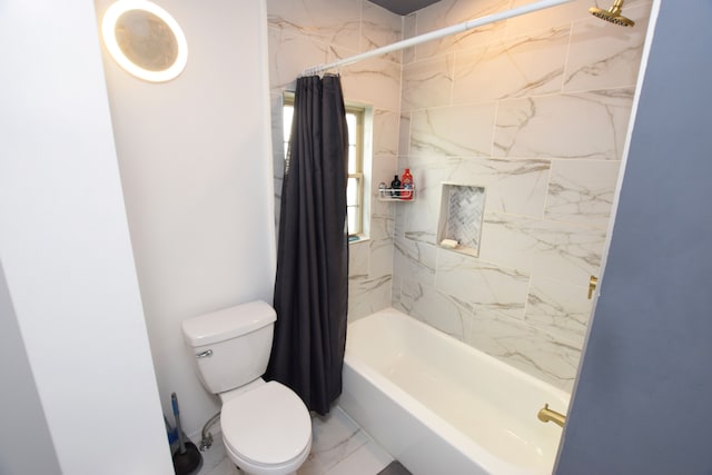 bathroom with toilet and shower / bathtub combination with curtain