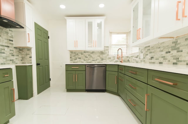 kitchen with white cabinets, decorative backsplash, stainless steel dishwasher, and wall chimney exhaust hood