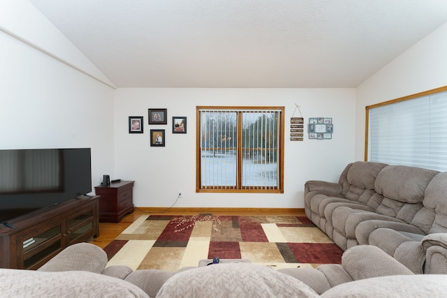 living room featuring vaulted ceiling and hardwood / wood-style floors