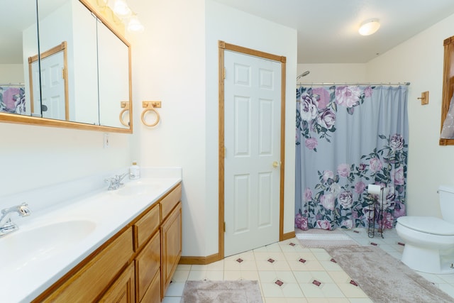 bathroom with vanity, tile patterned flooring, toilet, and walk in shower