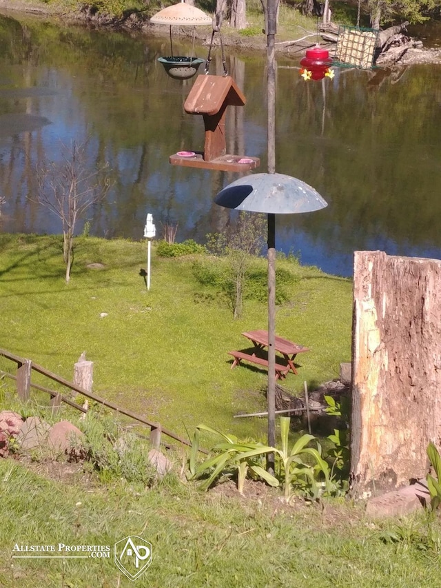 view of home's community with a water view and a lawn