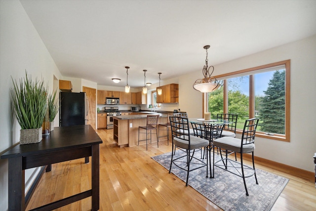 dining area featuring sink and light hardwood / wood-style flooring