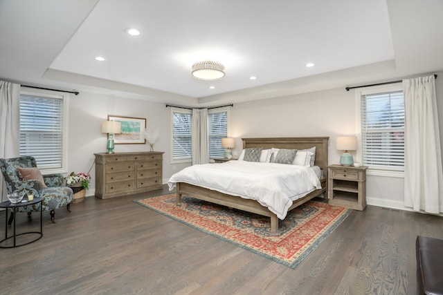 bedroom with a tray ceiling and dark hardwood / wood-style floors