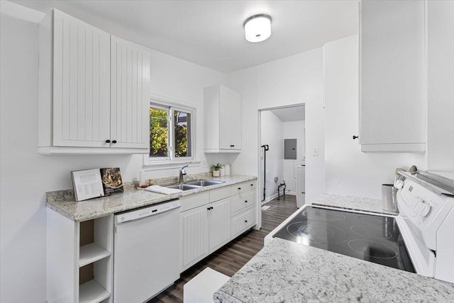 kitchen with white cabinetry, sink, electric panel, stove, and white dishwasher