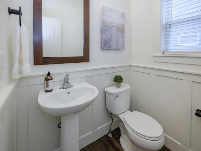 half bath with wainscoting, wood finished floors, toilet, and a decorative wall