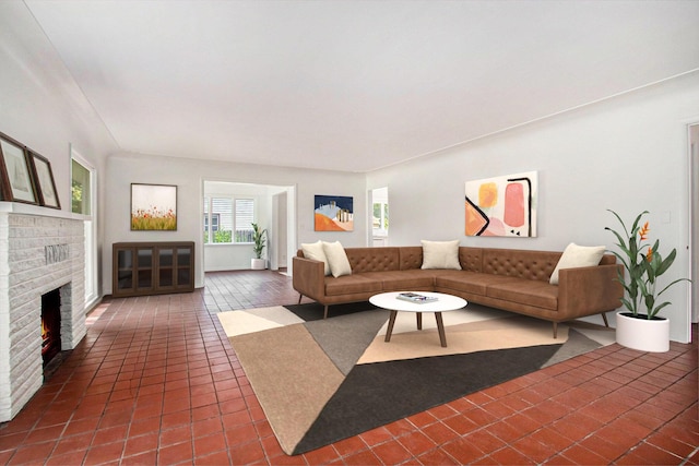 tiled living room featuring a fireplace