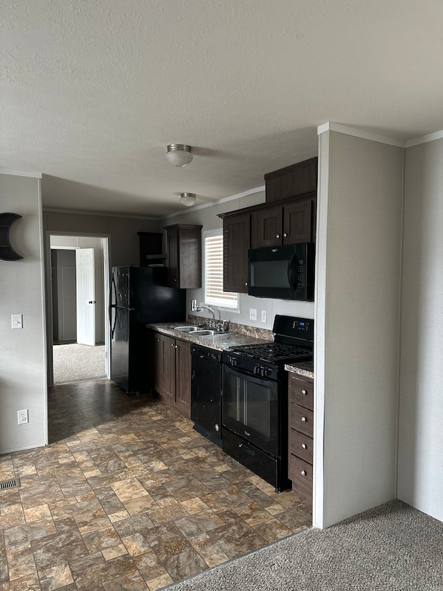 kitchen with sink, a textured ceiling, dark brown cabinets, black appliances, and ornamental molding