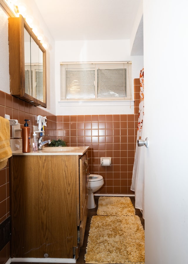 bathroom featuring vanity, toilet, and tile walls