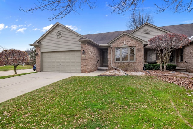 ranch-style house featuring a front yard and a garage