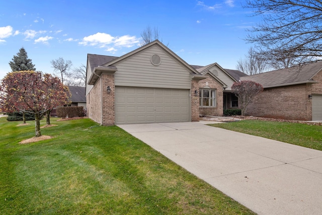 ranch-style house with a front yard and a garage