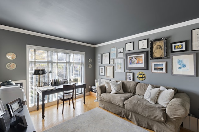 living room featuring light hardwood / wood-style flooring and ornamental molding