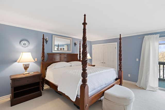 bedroom with light carpet, a closet, and crown molding