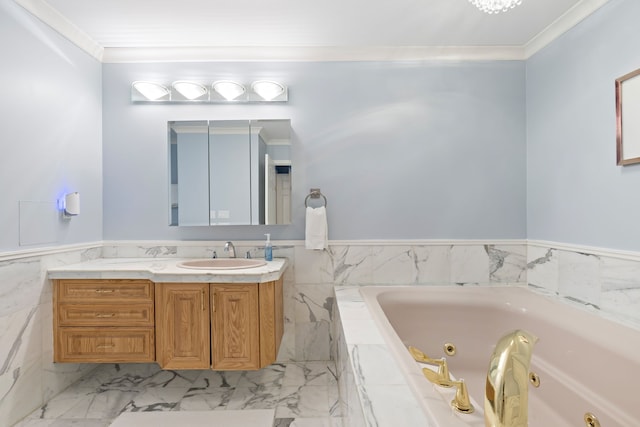 bathroom featuring a bathing tub, vanity, and crown molding