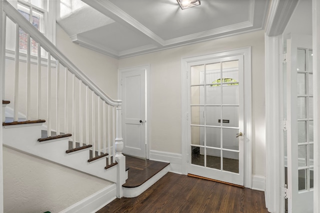 foyer entrance featuring crown molding and dark wood-type flooring