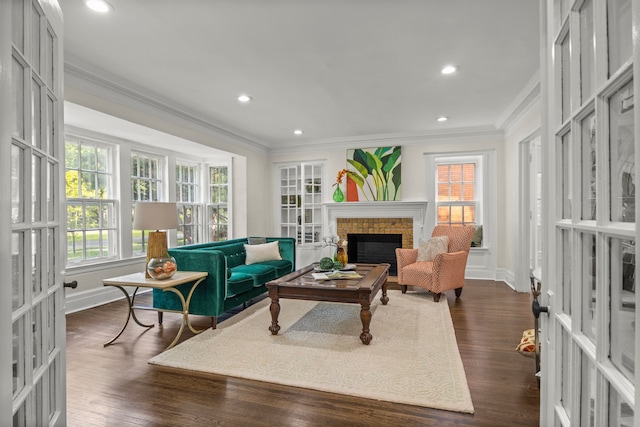 living room featuring dark hardwood / wood-style floors, crown molding, a fireplace, and french doors