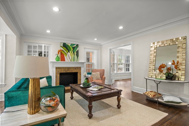 living room with hardwood / wood-style floors, crown molding, and a fireplace