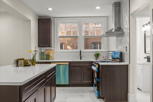 kitchen featuring dishwasher, sink, electric range, wall chimney exhaust hood, and decorative backsplash