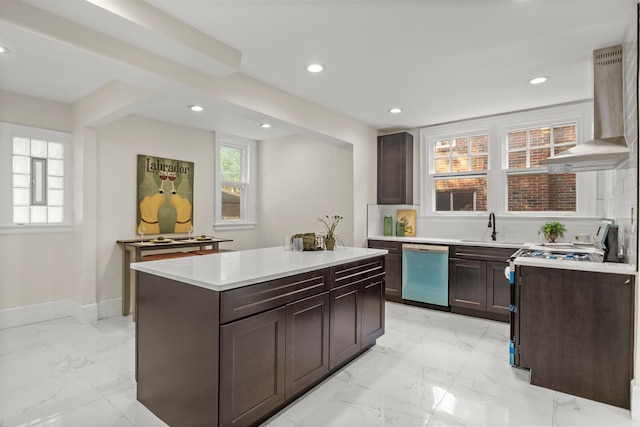 kitchen featuring sink, dishwasher, wall chimney exhaust hood, dark brown cabinets, and a kitchen island