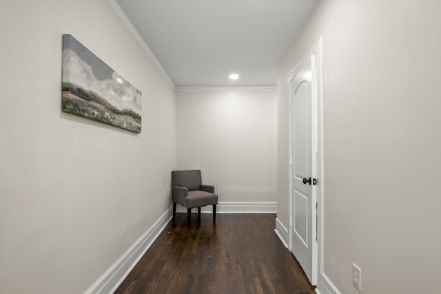 corridor featuring crown molding and dark wood-type flooring