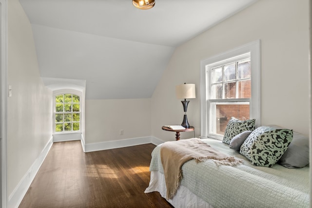 bedroom featuring dark hardwood / wood-style flooring and lofted ceiling