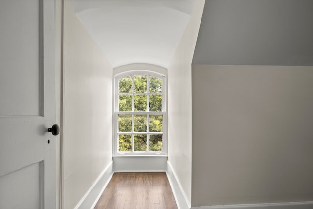 hallway with hardwood / wood-style floors and vaulted ceiling