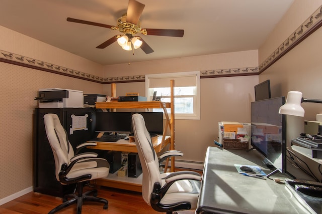 office area with ceiling fan and hardwood / wood-style flooring