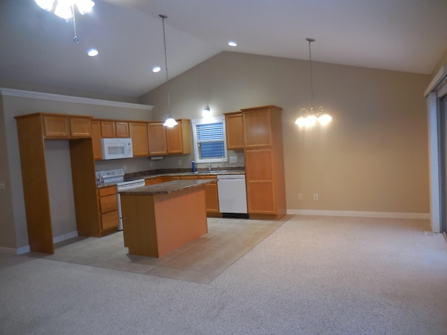 kitchen with a notable chandelier, light colored carpet, a kitchen island, high vaulted ceiling, and white appliances