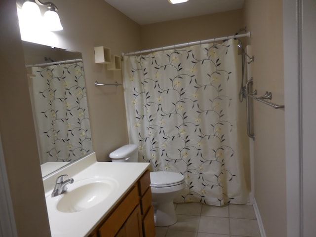 full bath with vanity, a shower with shower curtain, tile patterned flooring, and toilet