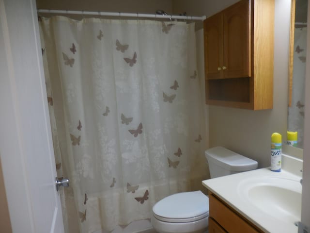 bathroom with vanity, toilet, and shower / bathtub combination with curtain