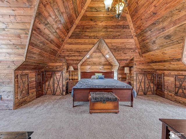 unfurnished bedroom with carpet flooring, vaulted ceiling, and wooden walls