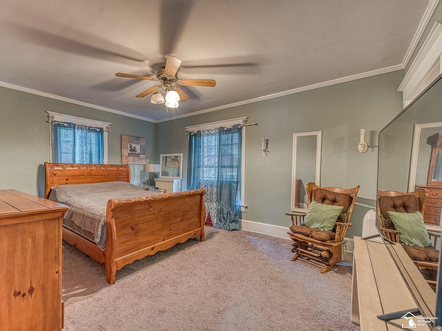 bedroom featuring multiple windows, ceiling fan, carpet floors, and ornamental molding