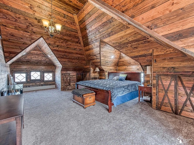 unfurnished bedroom featuring carpet, high vaulted ceiling, wooden ceiling, a notable chandelier, and beamed ceiling