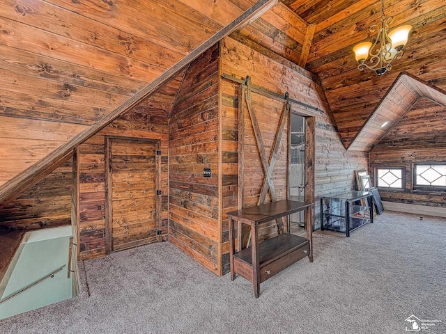 bonus room with a barn door, wood walls, carpet floors, vaulted ceiling, and wood ceiling