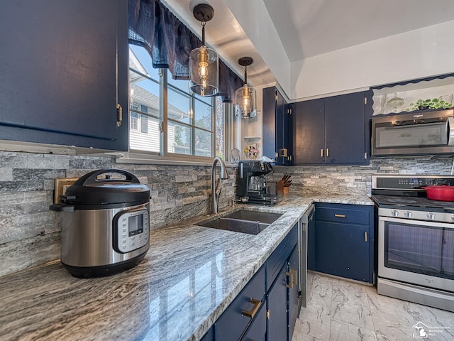 kitchen with light stone countertops, sink, hanging light fixtures, stainless steel appliances, and decorative backsplash