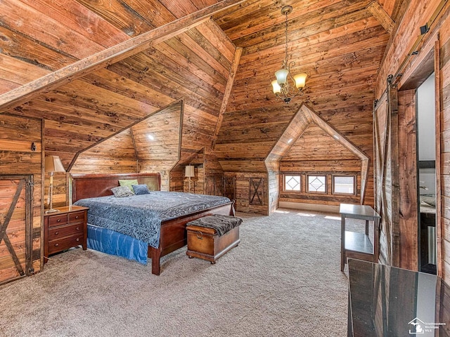 unfurnished bedroom featuring carpet flooring, a barn door, lofted ceiling, and wooden ceiling