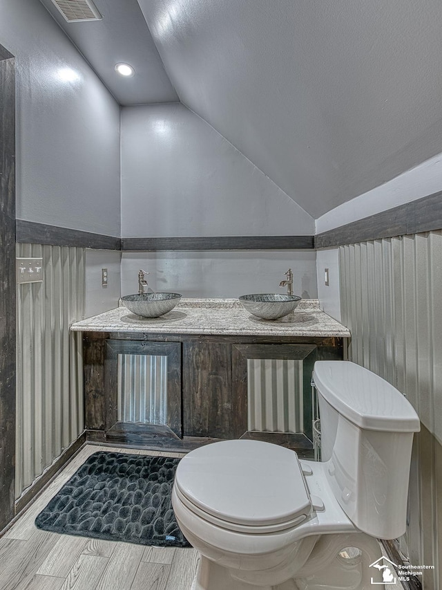 bathroom featuring sink, lofted ceiling, and toilet