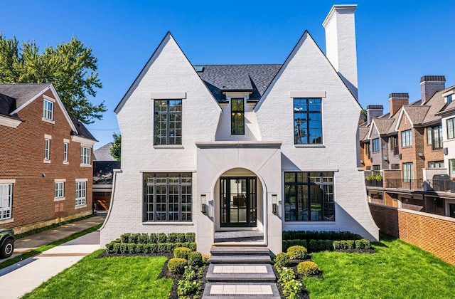 tudor-style house featuring french doors and a front yard