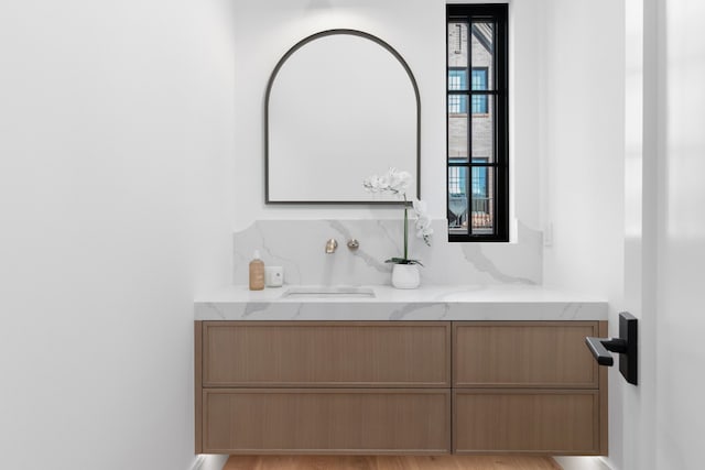 bathroom with hardwood / wood-style flooring, vanity, and tasteful backsplash