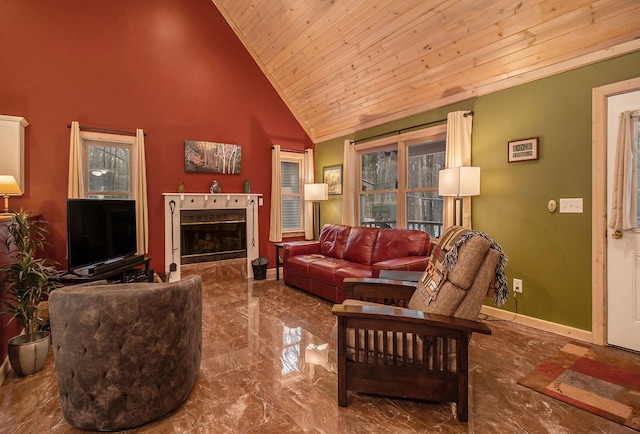 living room with high vaulted ceiling and wood ceiling