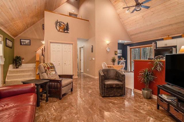 living room with high vaulted ceiling, ceiling fan, and wooden ceiling