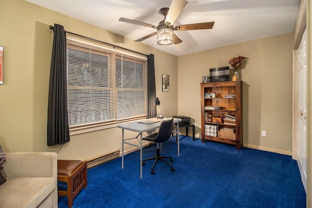 office space with baseboard heating, ceiling fan, and dark carpet