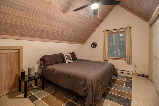 carpeted bedroom featuring ceiling fan, wood ceiling, a baseboard radiator, and lofted ceiling