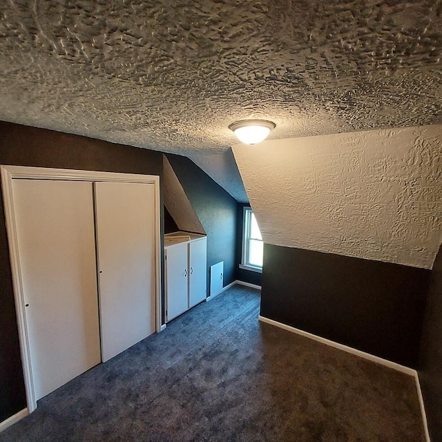 additional living space with carpet, a textured ceiling, and lofted ceiling