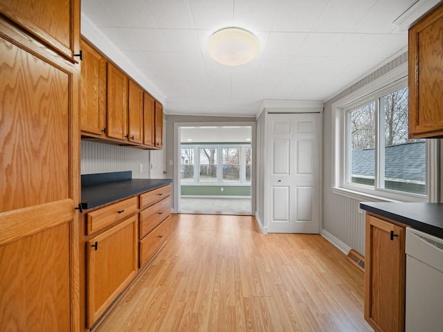 kitchen featuring white dishwasher and light hardwood / wood-style flooring